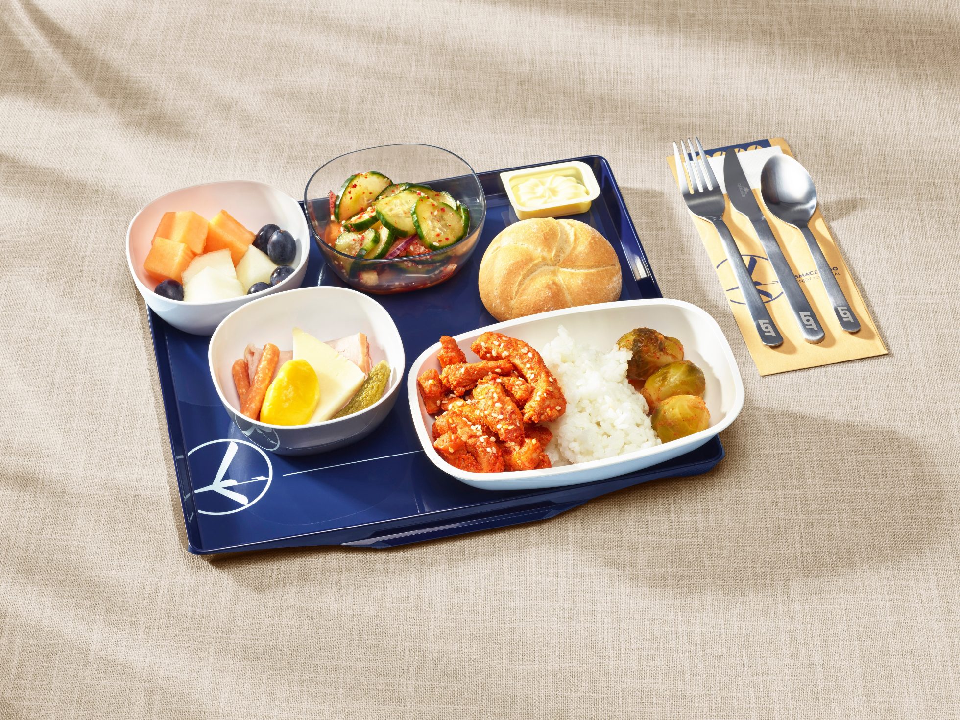 Meal on a tray in LOT Economy Class on long-haul flights
